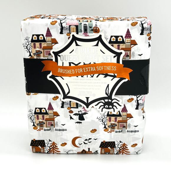 Envogue Haunted House Village Halloween Sheet Set KING Ghost Witch Pumpkin New - Picture 1 of 4
